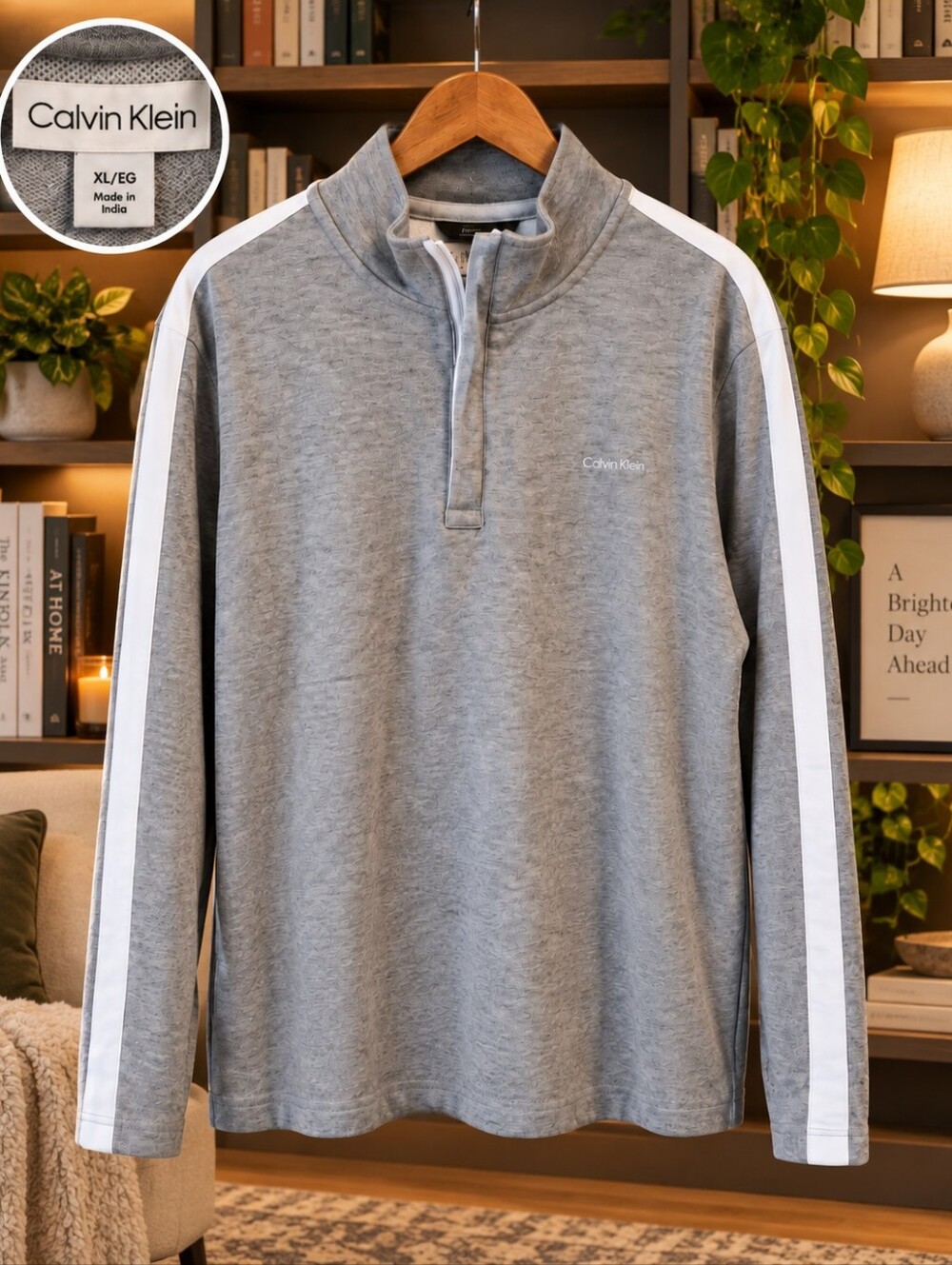 Calvin Klein XL Gray 3/4 Zip Pullover White Stripe Sleeves